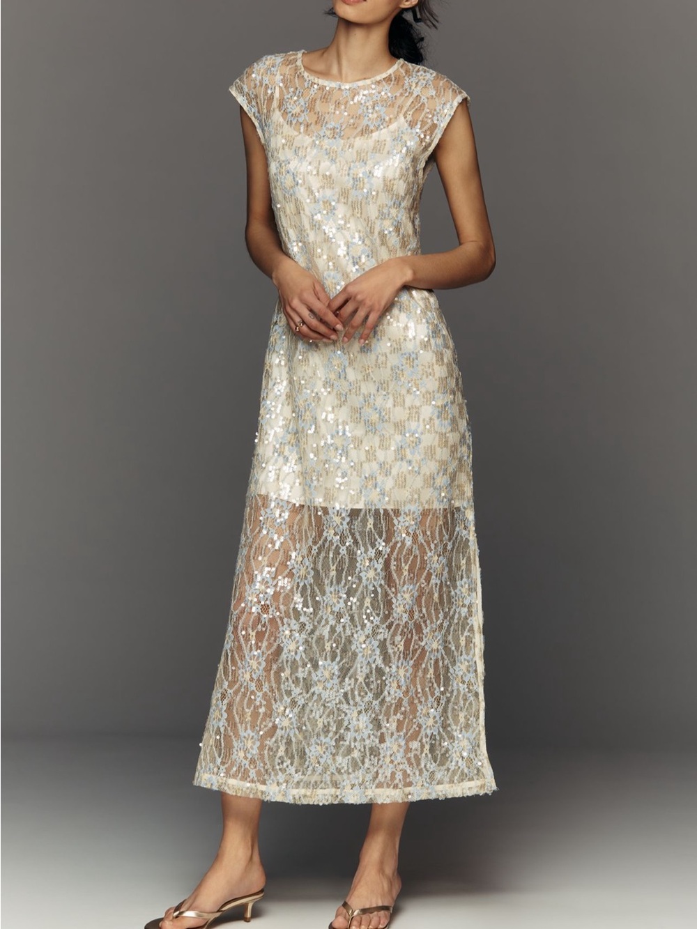 NWT Green Metallic, Siempre Sequin Sheer Overlay Midi Dress